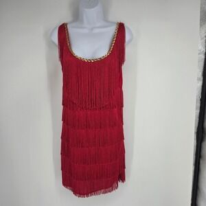 California Costume Collections Red Flapper Dress Gold Sequin Fringe Small USA